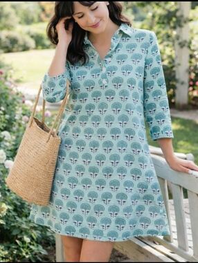 Victoria Dunn Cotton Mini Dress XS Blue Green Tree Print Preppy Tunic Shift